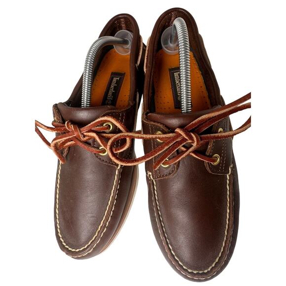 Vtg Timberland Brown Leather White Sole 2 Eye Boat Shoes 74035 Preppy Men Sz 9.5 - Picture 11 of 16